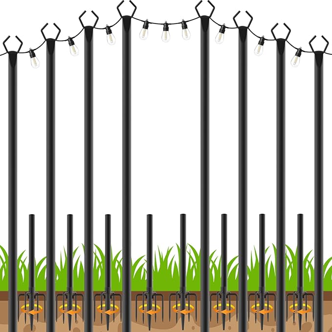 AHRLHR 8 Pack String Light Poles, Outdoor String Light Pole 10 ft Forked Metal Light Pole with Adjustable Outdoor Light Stand, Deck, Backyard, Garden, Wedding, Rustproof and Sturdy with Hooks.