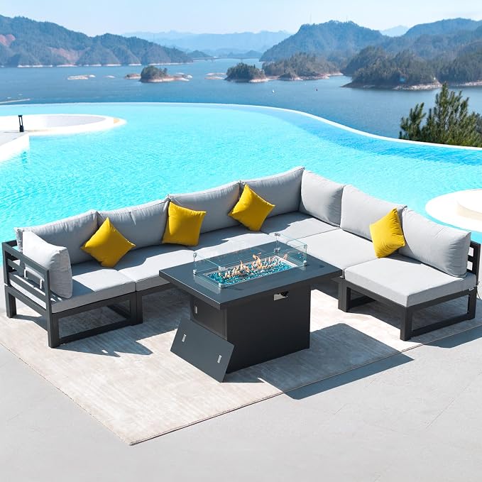 RADIATA 6 Seat Large Luxury Aluminum Patio Conversation Set with Fire Pit Table Propane/Gas, 29 inch Deep Wide Sectional Couch, 500 lbs Heavy Duty All Weather Outdoor Sofa for Backyard, Light Gray