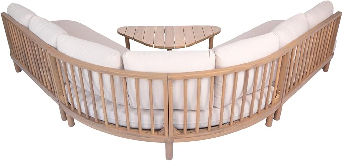 Merax 5 Piece Patio Acacia Wood Curved Sectional Sofa Set, Outdoor Half- Moon Sofa Couch with Waterproof Cushions, 1 Coffee Table for Garden, Lawn, Backyard, Poolside, Beige+Brown