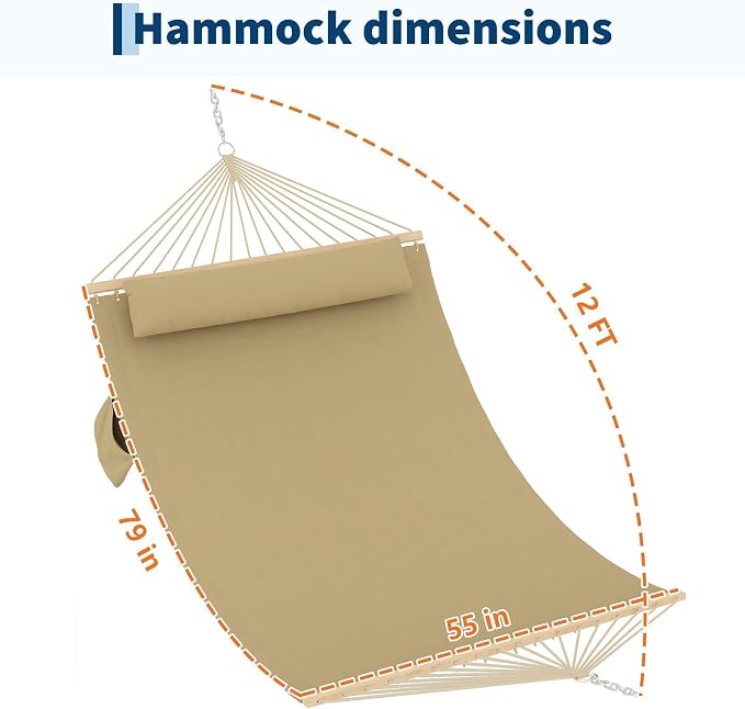Double Quilted Hammock with Wooden Spreader Bar, 2 Person for Outdoor Without Stand, Patio Backyard Poolside, Brown-Yellow