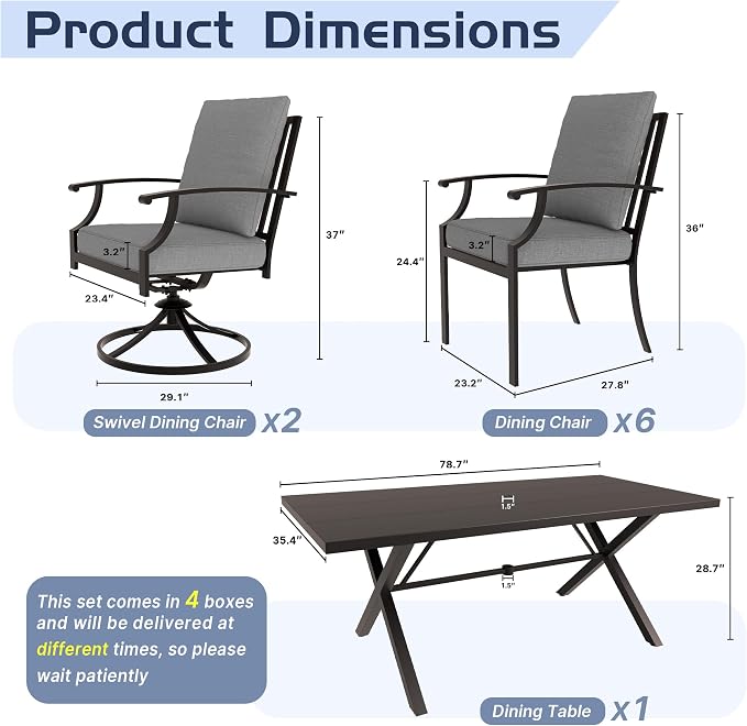 ALAULM 9-Piece Patio Dining Table and Chairs for 8 Outdoor Dining Set with 2 Swivel Chairs Patio Dining Sets with Rectangular Metal Table with Umbrella Hole for Patio, Backyard, Garden-Grey