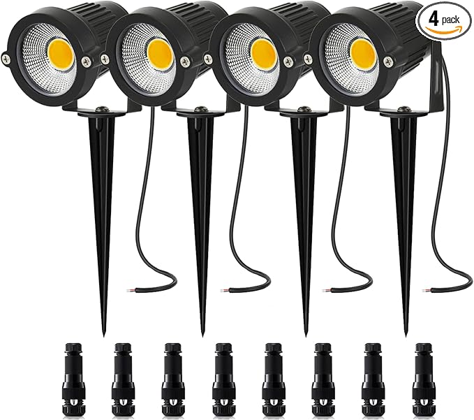 Low Voltage Landscape Lighting with Connectors Spotlights Outdoor Landscape Lights LED Garden Spot Lights 5W 500LM 12V 24V IP66 Waterproof for Garden Pathway Yard Walls Trees Flags(4 Pack)