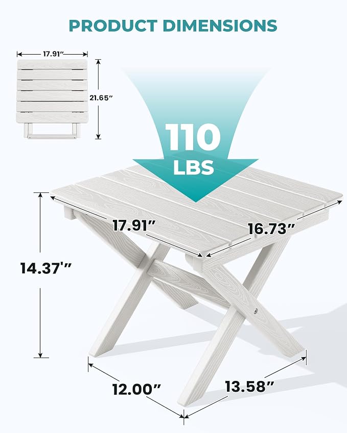 SERWALL Folding Outdoor Side Table Set of 2, Portable Adirondack Side Table, White