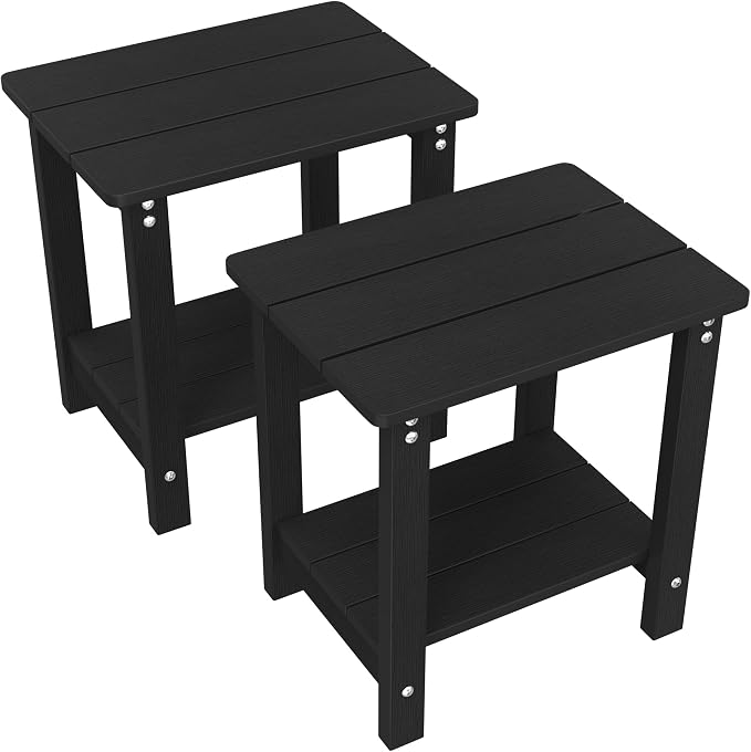 MXIMU Outdoor Side Table Set of 2: Heavy-Duty Sturdy Warp Resistant Adirondack Table - Wood Grain Finish Outdoor End Tables - Easy Assembly & Low Maintenance Patio Side Table Black