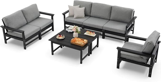 HDPE Outdoor Patio Furniture Set, 8-Piece Sofa Set with 3-Seat Couch,loveseat, Armchair & 2 Coffee Tables, Weatherproof Conversation Set with Cushions,for Garden, Porch & Backyard