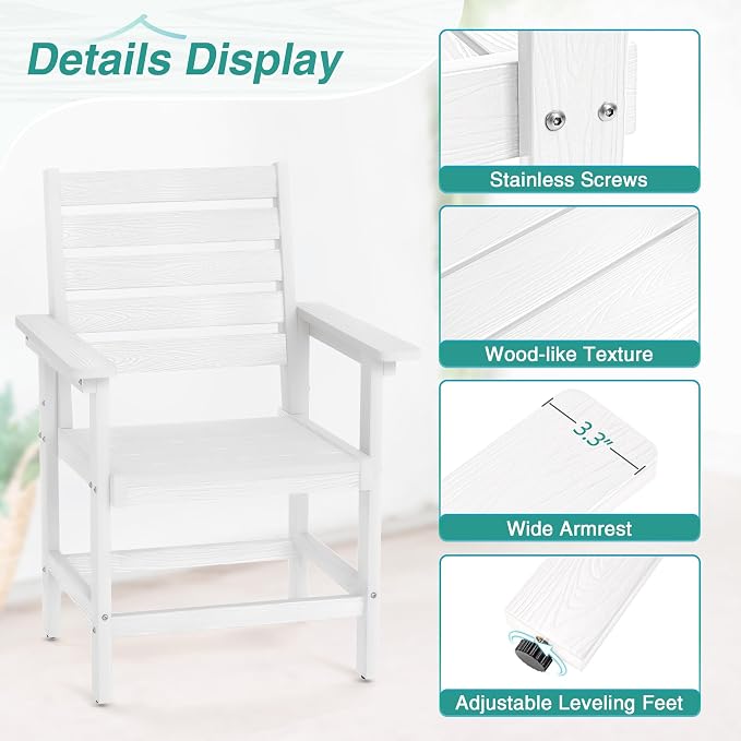 Patio Dining Chairs Set of 2, HDPS Weather Resistant Outdoor Chairs with Armrest, Heavy Duty 300LBS Support Patio Chairs for Backyard Deck Porch Balcony, White