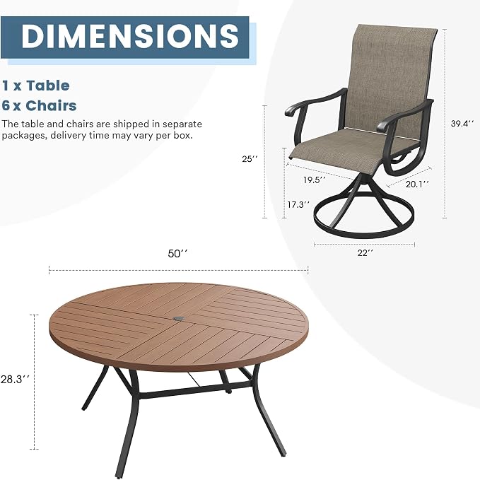 DIFY Patio Table and Chairs Set for 6, 7 Piece Outdoor Dining Set, 50" Walnut Round Metal Dining Table with Umbrella Hole and 6 Brown Textilene Swivel Patio Chairs, for Garden Backyard Deck