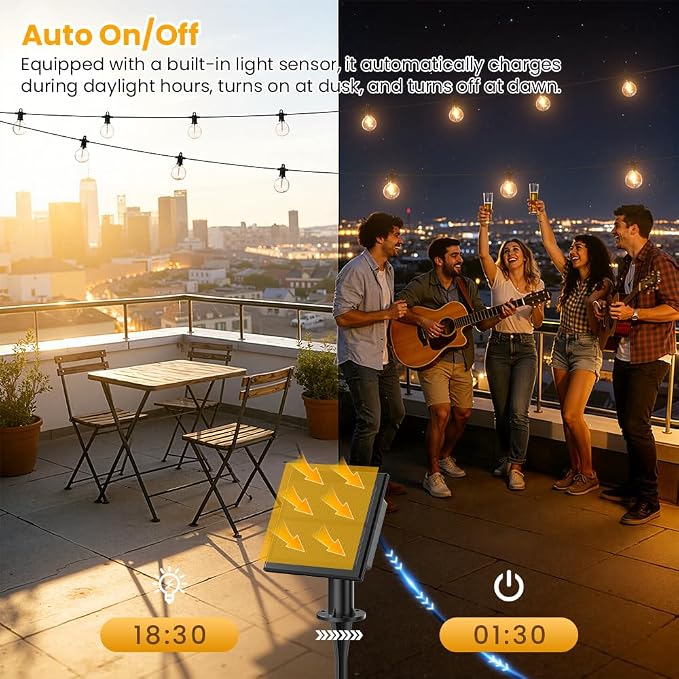 100FT Solar String Lights Outdoor Waterproof IP65 with USB-Charging , Solar Powered LED Patio Lights with 50+2 Shatterproof G40 Globe Bulbs, Hanging Lights for Outside Backyard Garden Bistro Gazebo