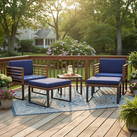 Tangkula 5 Pieces Acacia Wood Patio Furniture Set with Ottomans, Outdoor Conversation Set with Soft Cushions and Coffee Table for Poolside, Garden, Balcony and Backyard, Navy
