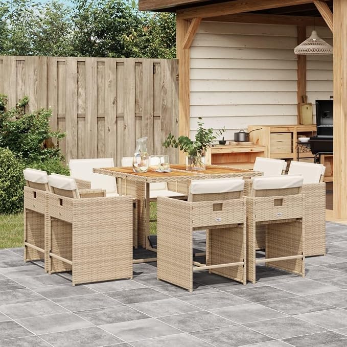 Beige Poly Rattan 9 Piece Patio Dining Set with Cushions for 8, Foldable Chairs and Acacia Table for Outdoor Garden Backyard Comfort Seating