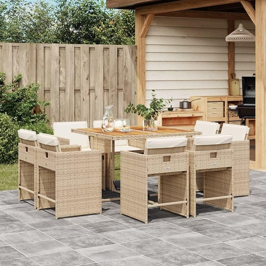 Beige Poly Rattan 9 Piece Patio Dining Set with Cushions for 8, Foldable Chairs and Acacia Table for Outdoor Garden Backyard Comfort Seating