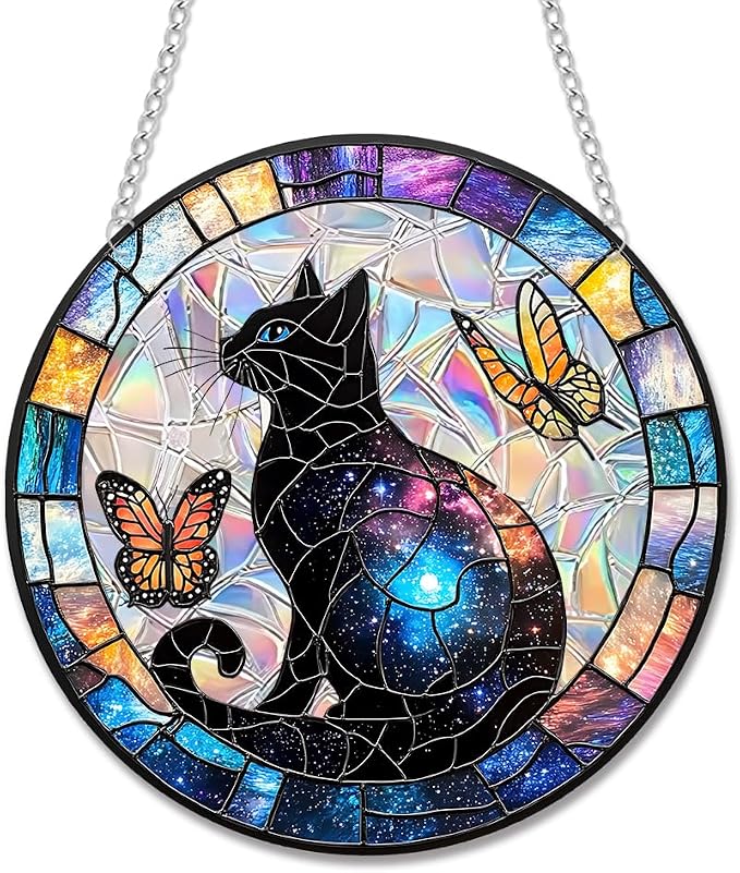 Acrylic Suncatcher Window Hanging, Cat & Butterfly Sun Catcher Rainbow Indoor Window Decoration for Living Room Bedroom Summer Home Balcony Ornaments, 7.87 inches