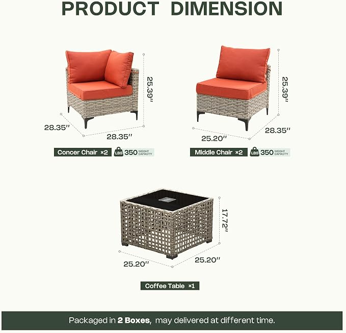 5 Piece Outdoor Sectional Patio Furniture Set with Solar Lighted Coffee Table, Modular Wicker Conversation Set with Flexible L-Shaped Layout for Porch Balcony Backyard, Red