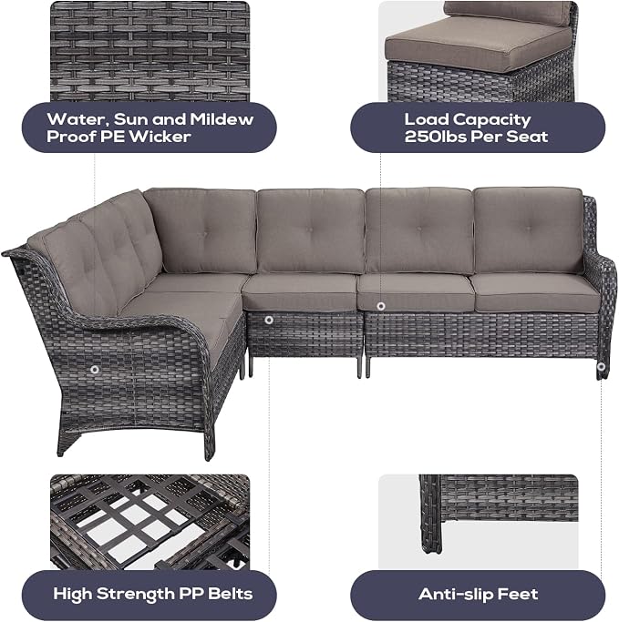Belord Patio Furniture Set 6 Seats, Oversized Outdoor Sectional Couch, Two 3-Seater Sofas with Coffee Table, Patio Conversation Sets,Ideal for Porch, Deck, Gray Wicker/Gray