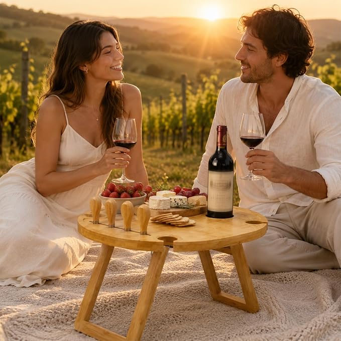 Wine Picnic Table with 4 Glass Holders, Small Portable Picnic Beachtable, Foldable Bamboo Outdoor Charcuterie Table, Low Picnic Snack Tray for Camping, Beach, Includes Cheese Knife Set & Tote Bag