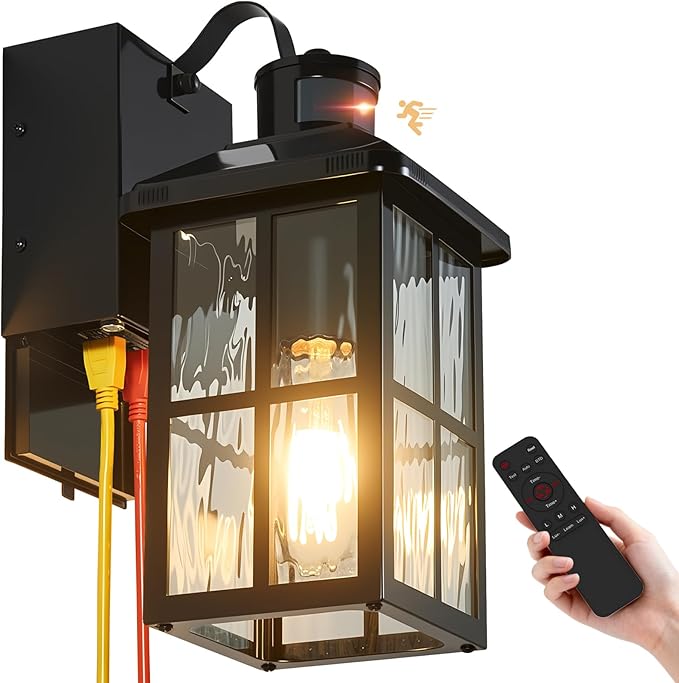 Porch Lights with GFCI Outlet with Remote | Dusk to Dawn Motion Sensor Outdoor Light, Upgraded 4 Lighting Modes Exterior Fixture Outside Lights for House Patio Garage