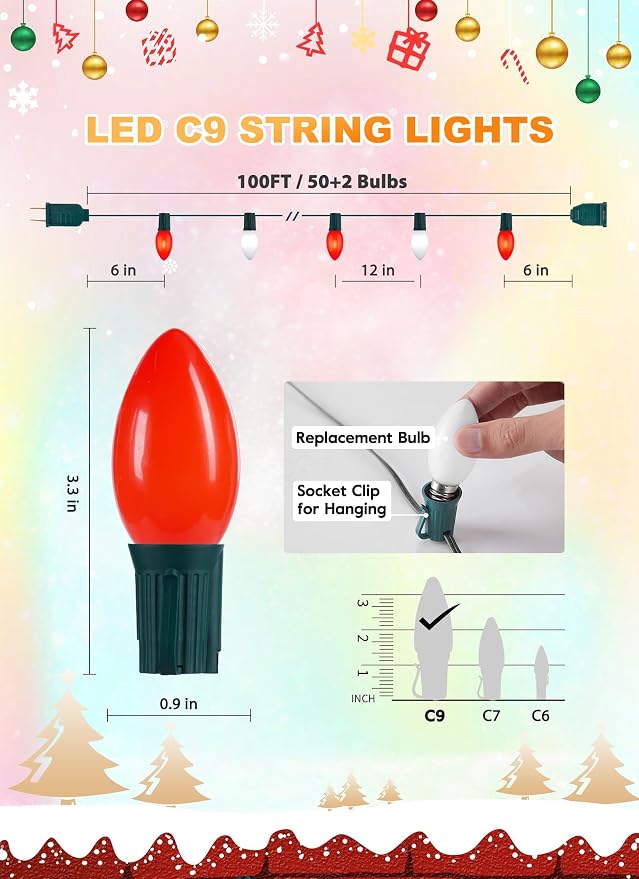 C9 Christmas Lights Outdoor, 100Ft 50 LED Red & Pure White String Lights | Waterproof Shatterproof Connectable Christmas Tree Lights for House Outside Roofline Patio Yard Home Xmas Decorations