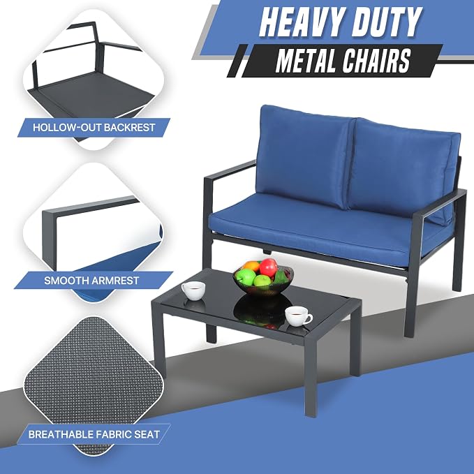 4-Piece Outdoor Patio Furniture Set, Steel Frame Patio Conversation Set with Tempered Glass Side Table for Garden Yard Poolside