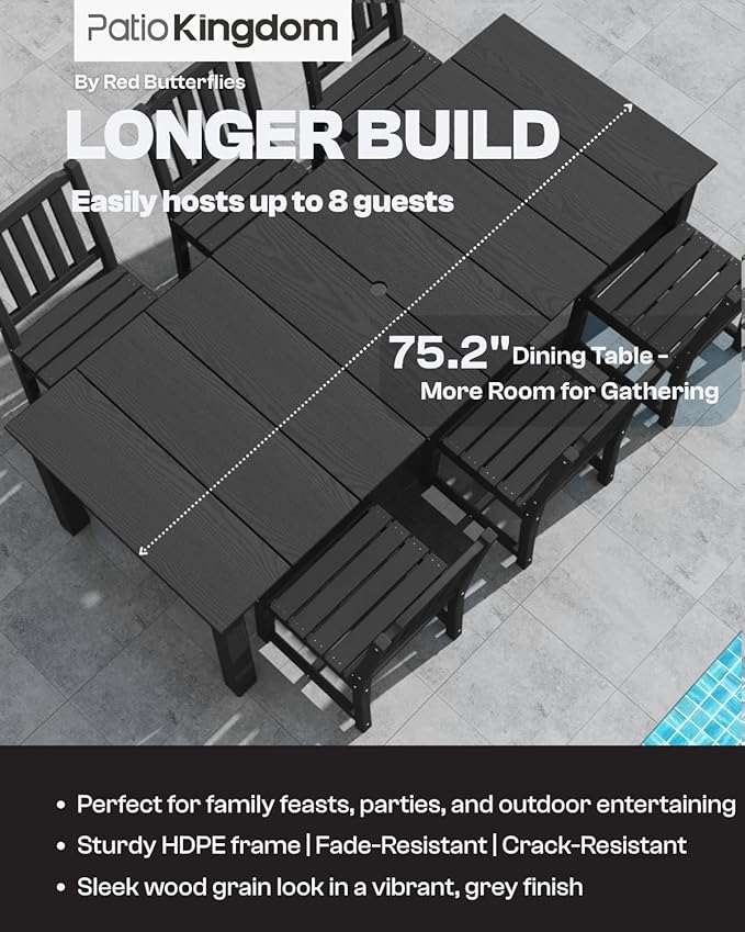 9-Piece HDPE Patio Dining Set for 8, 75.2" Table,Black | HDPE material, umbrella hole design, weather-resistant patio furniture, perfect for yard, lawn, garden, balcony, deck