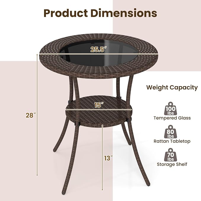 Tangkula 25 inch Patio Wicker Coffee Table Outdoor Backyard Lawn Balcony Pool Round Tempered Glass Top Rattan Steel Frame Side Table Furniture W/Storage Shelf, Brown