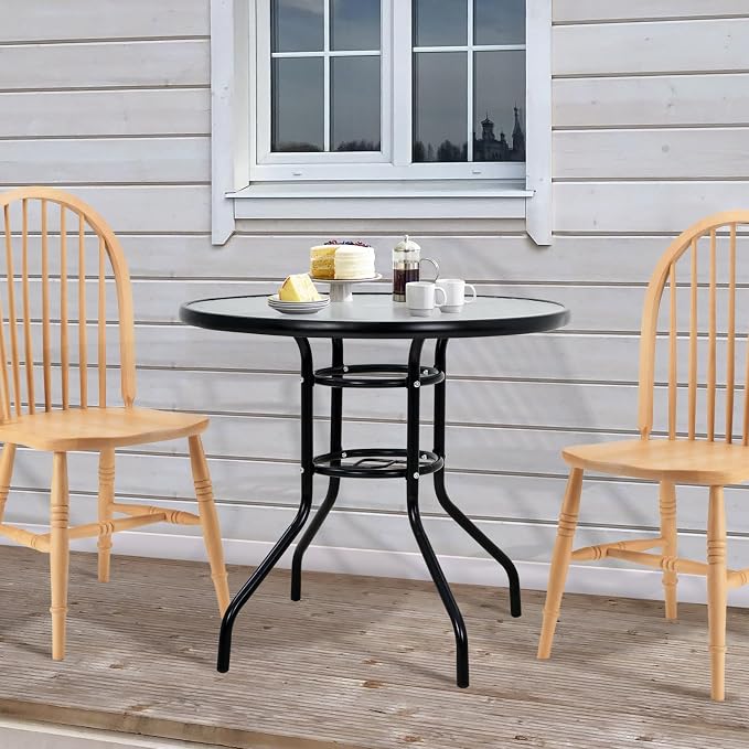 Outdoor Patio Table with Umbrella Hole, 32 inches Tempered Glass Top Round Patio Table,Conversation Coffee Table Metal Steel Frame All-Weather Furniture for Balcony, Backyard, Poolside (Round)