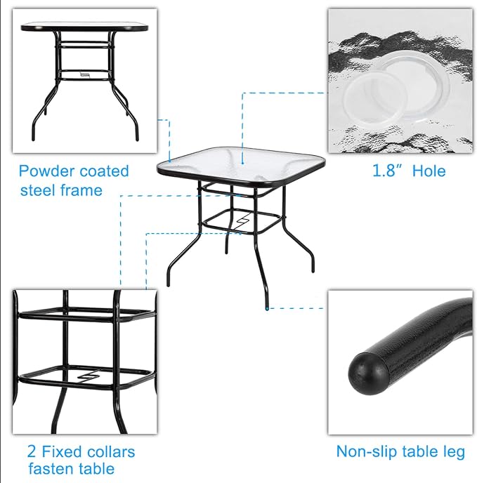 Outdoor Table Patio Table Dining Table with Tempered Glass Umbrella Hole for Lawn Balcony, Yard