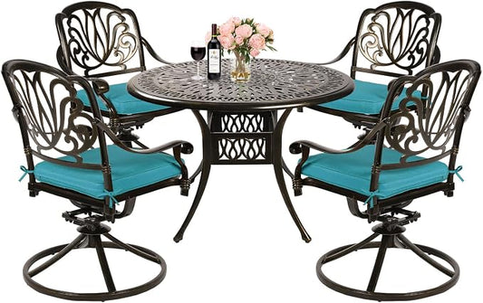 MEETWARM 5-Piece Outdoor Patio Dining Set, All-Weather Cast Aluminum Patio Conversation Set for Backyard Garden Deck with 4 Cushions Swivel Rocker Chairs and 35.4" Round Table, Ocean Blue