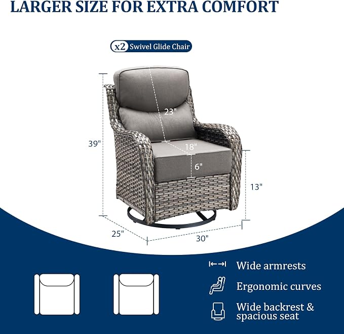 Luxury Outdoor Swivel Rocker Chairs Set with 6" Thick Cushion | Swivel Rocker Patio Chair 2pcs High Back Comfortable Outdoor patio furniture set Glider Chairs set Grey Wicker Grey Cushions