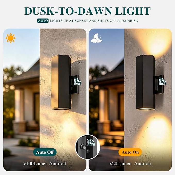 1 Pack Dusk to Dawn LED Outdoor Wall Lights, 3000K Warm White porch light | ETL Certified Matte Black Aluminum Wall Sconce, IP65 Waterproof Exterior Light Fixture for Front Porch, Garage, Patio, House