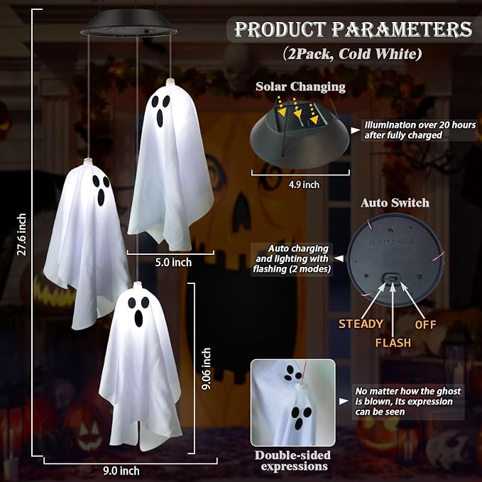 2Pack Hanging Ghost Swing Solar Lights for Halloween Decorations | 6Pc Spooky White Ghosts with ON/FLASH Lighting Mode, Cute Light Up Ghost Kit for Garden Yard Tree Front Porch Halloween Decor