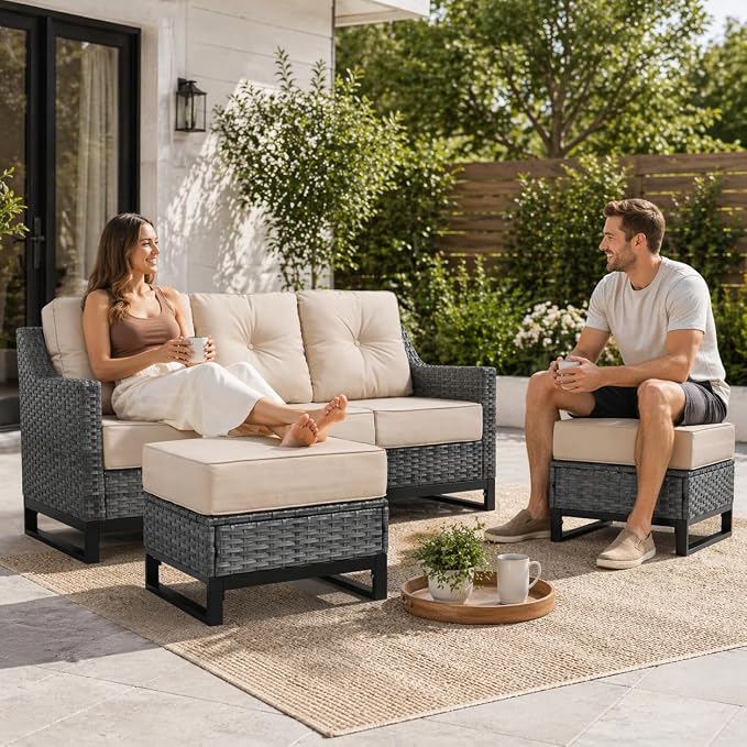 Outdoor Ottomans Set of 2, PE Wicker Patio Footstools with Removable Cushions, All-Weather Rattan Outdoor Ottoman Set for Patio, Backyard, Garden, Porch, Beige