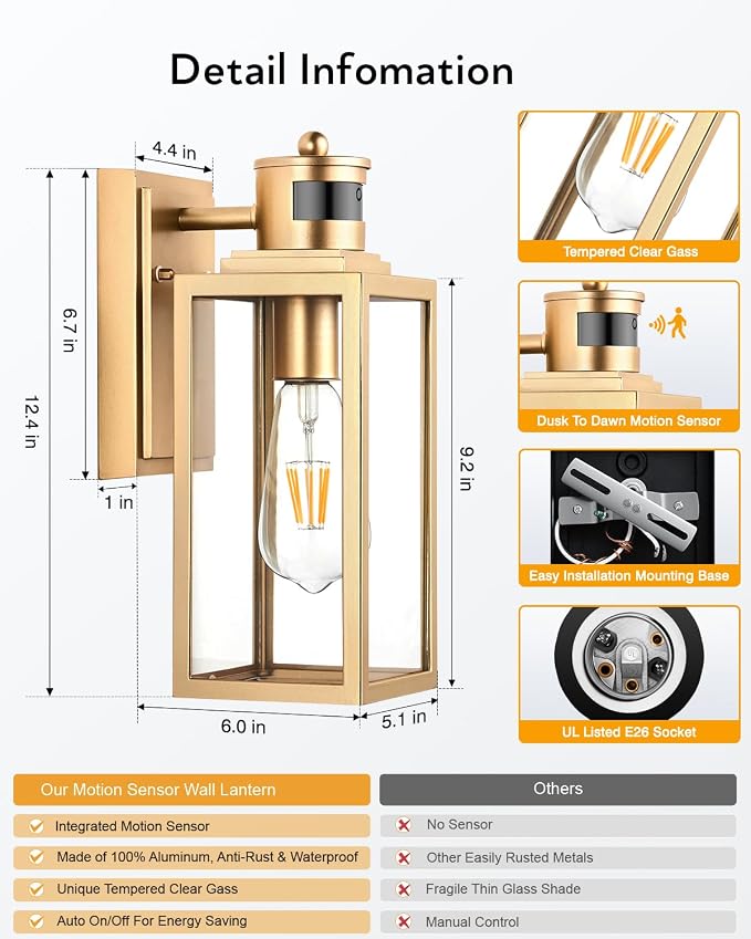 VIANIS 2 Pack Gold Motion Sensor Outdoor Porch Light, Modern Exterior Lighting Fixtures Wall Mount for House, Anti-Rust Waterproof Dusk to Dawn Outdoor Sconce Lights for Garage, Front Door, Patio