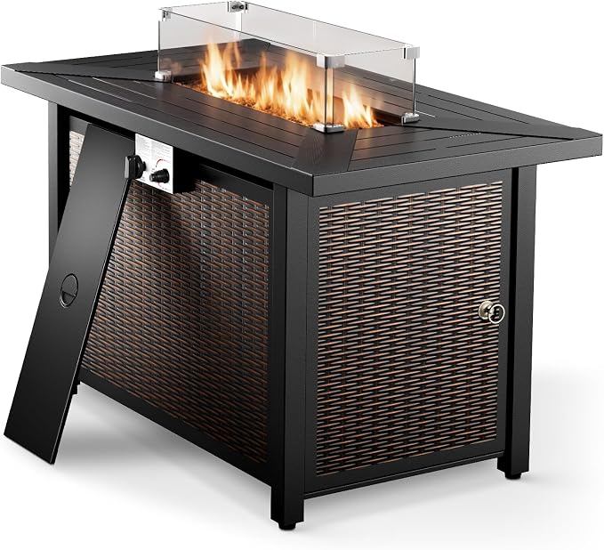 Patio Furniture Set with Fire Pit Table, 4PCS Patio Conversation Set Brown Resin Wicker Patio Chair and Sofa with 43in Rectangular Iron Firepit Table PE Rattan Patio Furniture Set