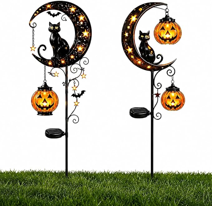Solar Halloween Black Cat & Pumpkin Moon Garden Stake Light, Outdoor Waterproof LED Yard Decoration with Crescent Moon, Hanging Jack-o'-Lantern Lantern for Garden, Patio, Walkway, Porch (Style B C)