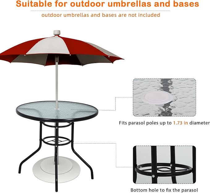 32" Patio Table with with Umbrella Hole, Round Outdoor Dining Table Bistro Table with Glass Table Top, All Weather Small Outdoor Table for Pool, Lawn, Backyard, Balcony