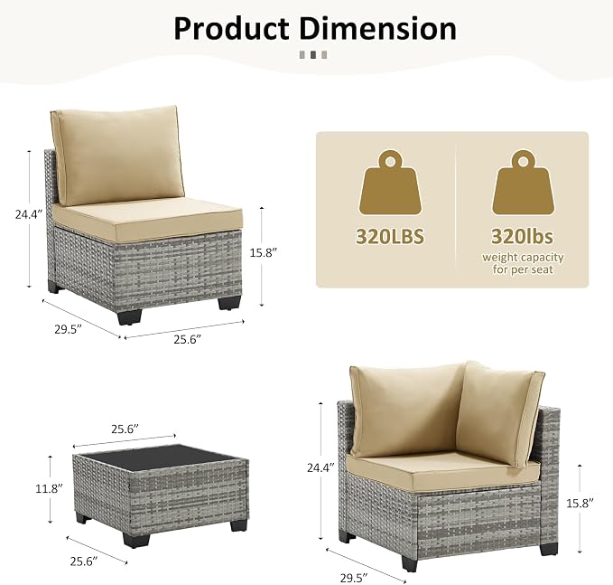 ANJ Outdoor Wicker Patio Chairs Set of 2, Modular Armless Patio Seating with Thick Cushions, All-Weather Rattan Conversation Chair Set for Porch, Balcony, Garden, Backyard, Light Grey Wicker-Camel