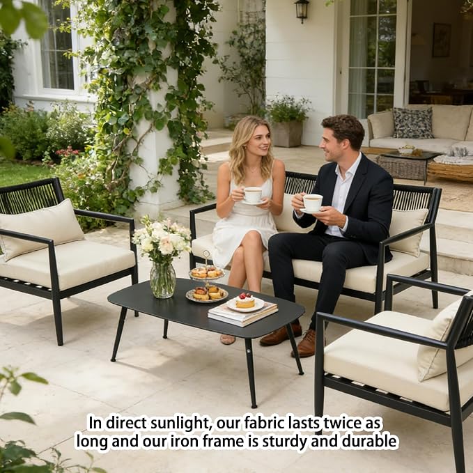 Outdoor Patio Furniture Set, 4 Seats Outdoor Sectional with Coffee Table, Patio Conversation Sets with PE Rope, Outdoor Sectional Sofa with Thick Cushions for Balcony, Porch (Black)