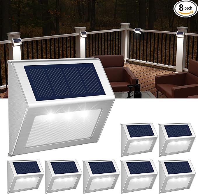 JSOT Solar Lights Perfect for Deck, Fence, Stair, Step Decor-Cool White-8P | Stainless Steel, Waterproof, Solar Powered, Garden, Patio, Deck Rail