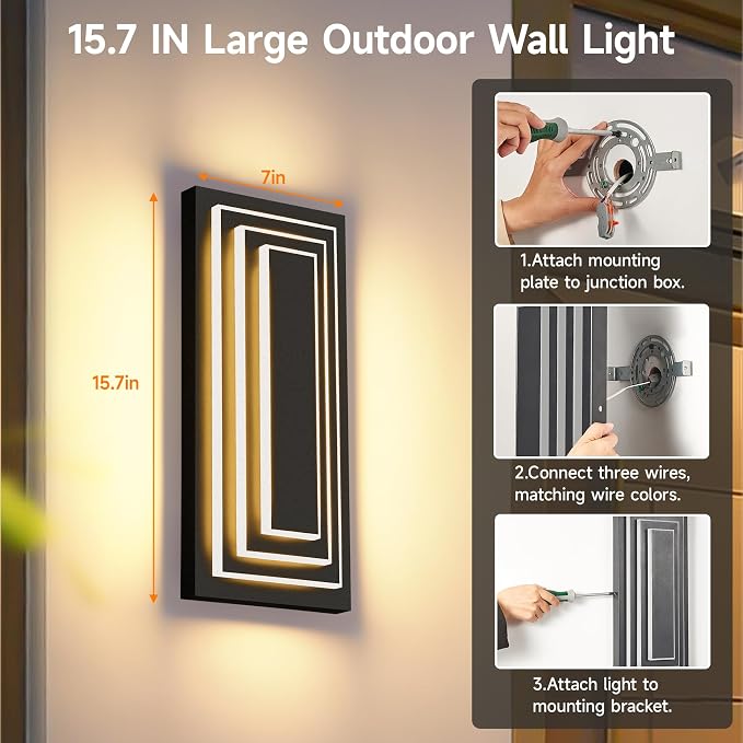 Dusk to Dawn LED Outdoor Wall Light,Exterior Light Fixture,15.7 in | Black Outdoor Porch Lights Wall Mount For House,Porch ,Patio,Front Door,Waterproof, LED 3000K Warm White,24W,1 Pack