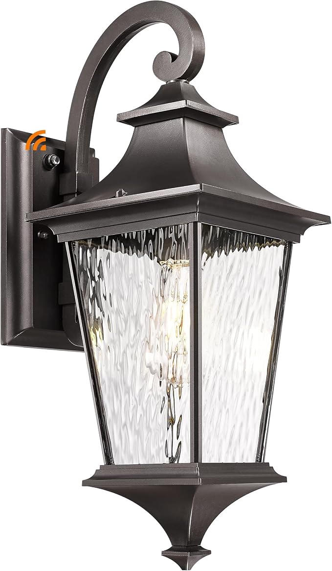 Emliviar Dusk to Dawn Outdoor Porch Light, 21.1" Exterior Wall Mount Lamp for Doorway, Patio Wall Lantern with Water Ripple Glass, Oil Rubbed Bronze Finish, XE292B-M-PC ORB SW