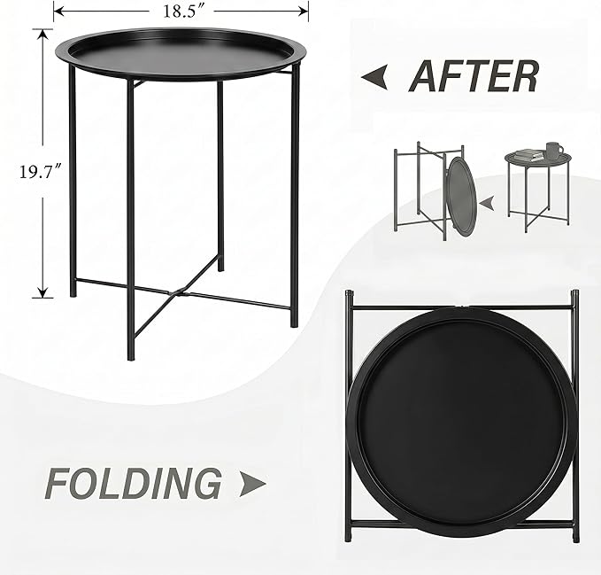 VECELO Side/End Table, Folding Round Metal Anti-Rust and Waterproof Outdoor or Indoor Tray for Living Room Bedroom Balcony and Office, 1 PCS, Black