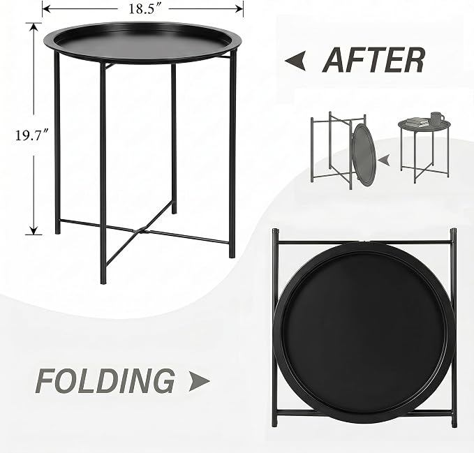 VECELO Side/End Table, Folding Round Metal Anti-Rust and Waterproof Outdoor or Indoor Tray for Living Room Bedroom Balcony and Office, 2 PCS, Black