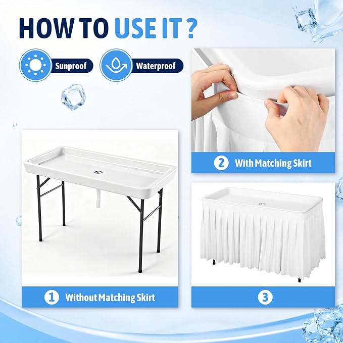 46 Inch Folding Ice Cooler Table with Matching Skirt and Extra Large Mesh Food Cover Plastic Portable Ice Table to Keep Drinks Cool for Party Picnic BBQ Camping Fishing