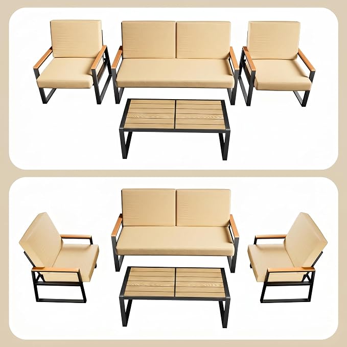 Gizoon 4-Piece Outdoor Patio Furniture Set with Coffee Table and Removable Cushions, Metal Patio Conversation Set for Family, Yard, Poolside (Gray)