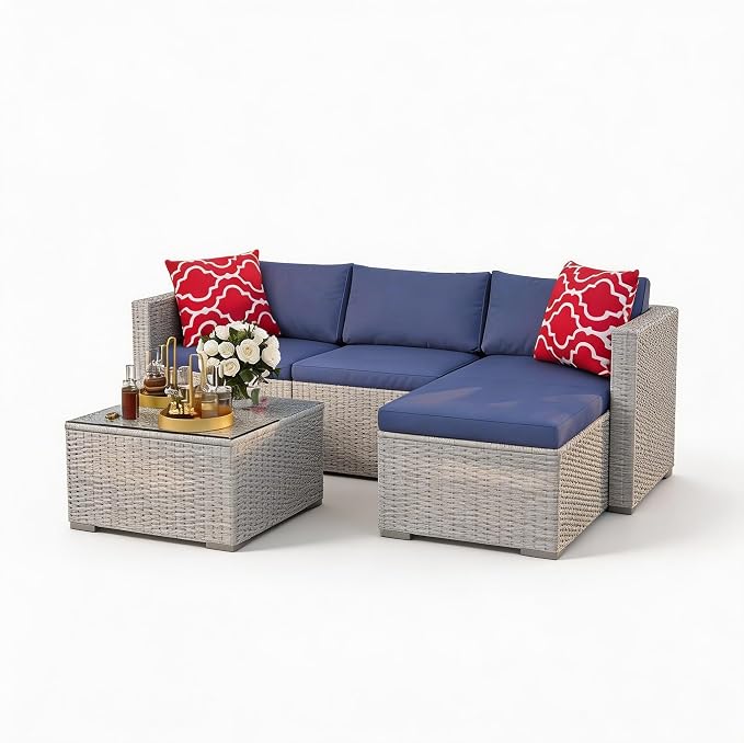 GarveeTech 5 Pieces Patio Furniture Set, All Weather Wicker Rattan Sectional Sofa, Outdoor Patio Furniture Set with Washable Cushions for Garden, Backyard, Porch, Poolside (Grey&Blue)