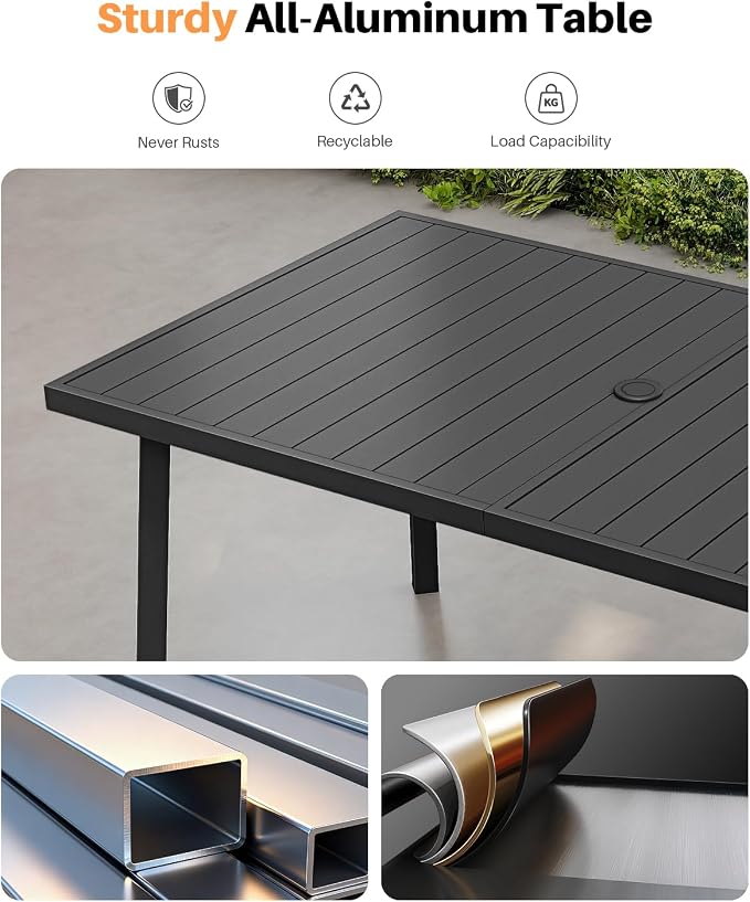 Never-Rust Aluminum Patio Dining Table, 63" x 35" Rectangular Outdoor Dining Table for 6, Outdoor Patio Table with Umbrella Hole for Poolside, Commercial, Porch, Deck, Black