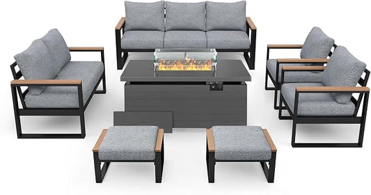 Sundale Outdoor Aluminum Patio Furniture Set, 7 Piece Outdoor Conversation Sets with Fire Pit and 6" Thick Olefin Cushions, All Weather Outdoor Sectional Set for Deck, Lawn, Yard