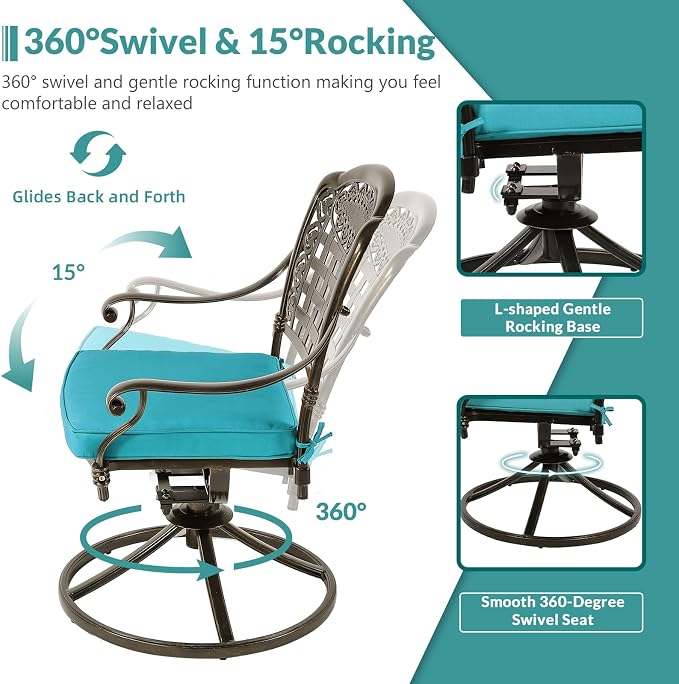 MEETWARM 9-Piece Outdoor Patio Dining Set, All Weather Cast Aluminum Patio Funiture Table and Chairs Set- Large 64" Square Table, 8 Cushioned Swivel Rocker Chairs for Garden, Umbrella Hole, Ocean Blue
