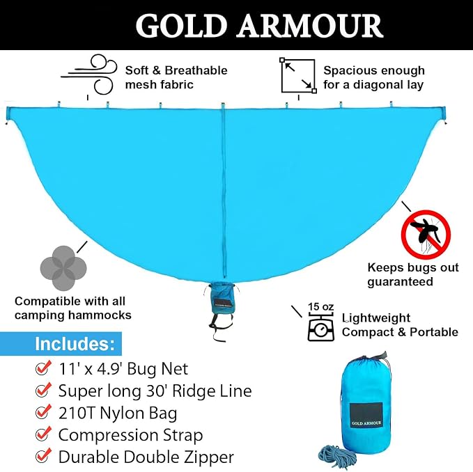 Gold Armour Hammock Bug Net, Mosquito Net Bugs - Premium Mesh Netting, Guardian of No See Um and Insects - Perfect Equipment Gear Accessories for Your Double Hammocks and Single Hammock (Sky Blue)
