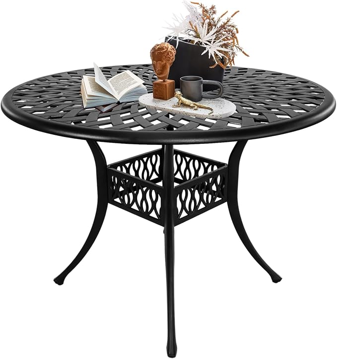 42“ Round Outdoor Table, All Weather Patio Table with Umbrella Hole, Cast Aluminum Bistro Table for Outside (Black)